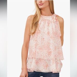 CeCe Tie Halter Neck Blouse Size M Ivory Pink Orange